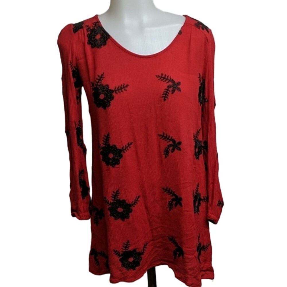 Zaful Tunic Women Small Crepe Floral Long Sleeves Top Red Peephole Back Button S